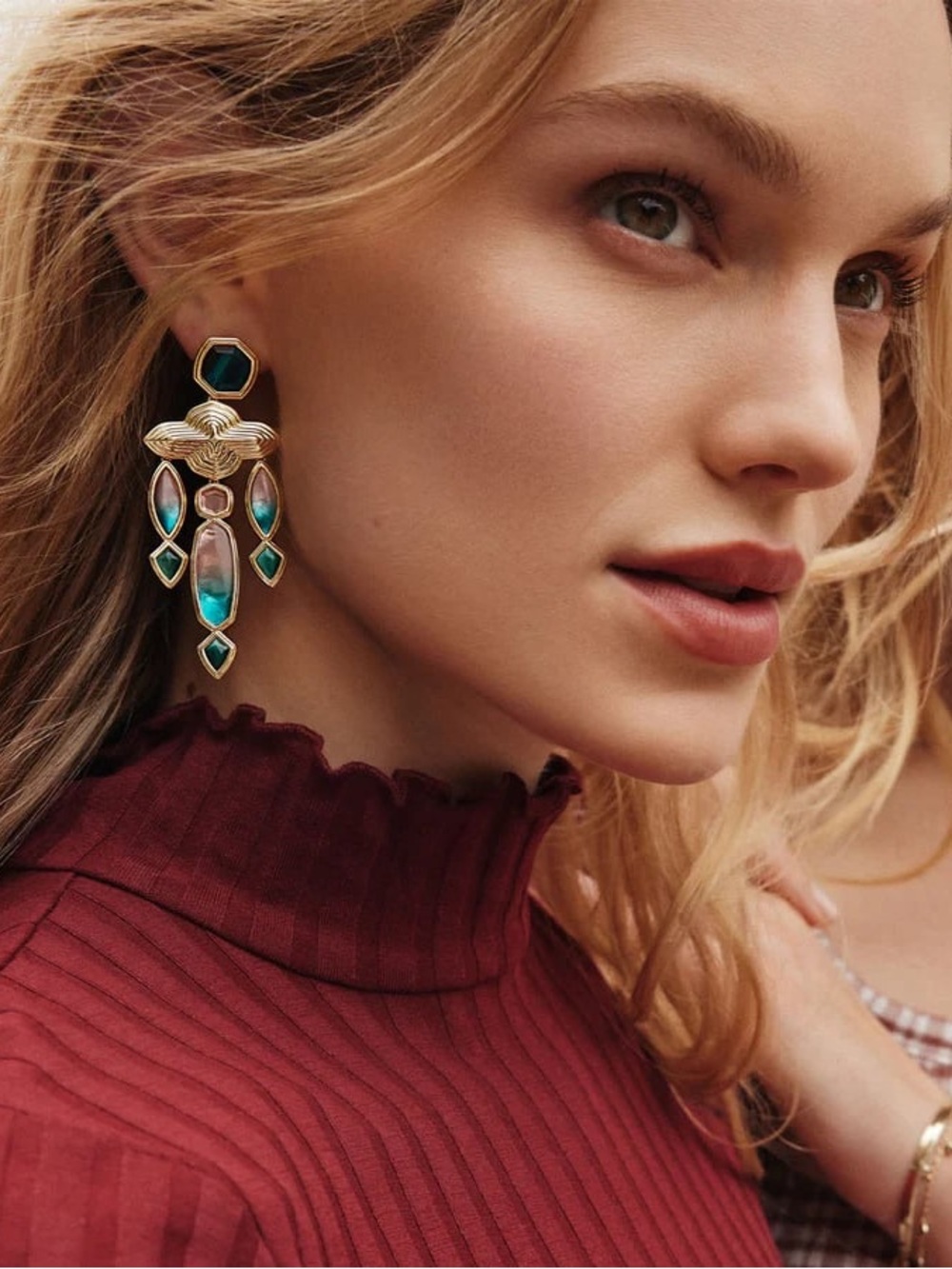 New Kendra Scott Monica Gold Statement Earrings in Teal Mix